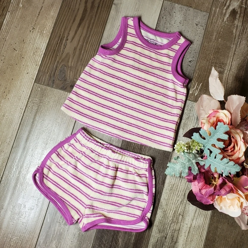 Cat & Jack Baby Girl 2pc Terry Tank Top & Shorts Set Purple & Cream Striped NWOT